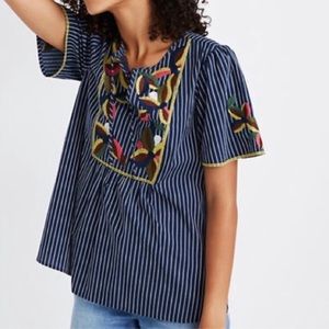 Madewell > Boho Navy and White Striped Embroidered Peasant Top > M